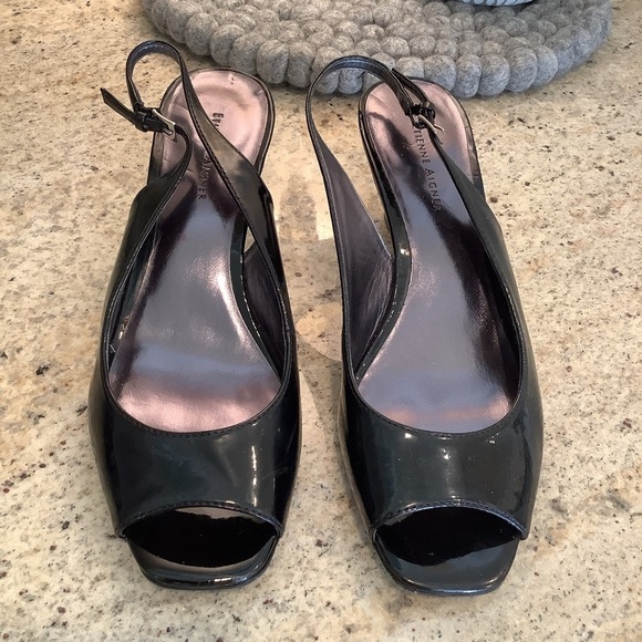 Etienne Aigner Patent Open Toe Heels Wedge Size 8 Slingback - Picture 1 of 7